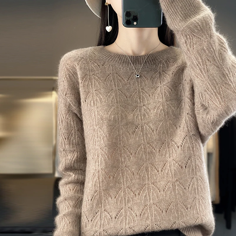 Pure Wool Women\'s O-neck Pullover Korean Fashion Hollow Knit Top Solid Color Sweater Autumn and Winter Women\'s Clothes