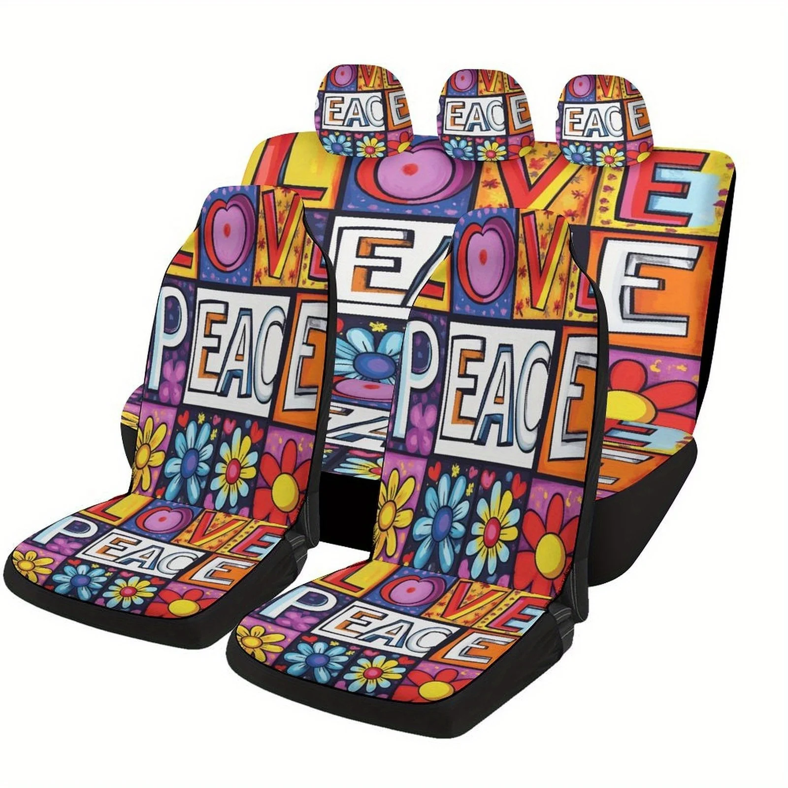 Love Peace Art Themed Car Seat Covers Set For Most Cars, Fashionable Decorative Car Seat Protector Covers Full Set, Universal Ca