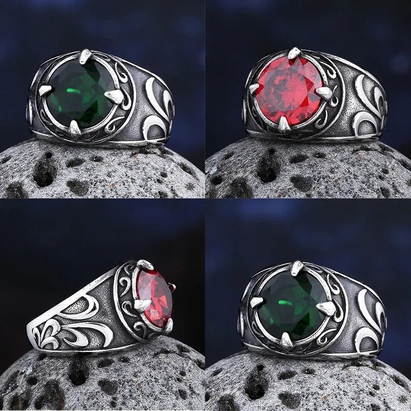 Vintage Red&Green&White Zircon Ring With Totem&Pattern For Man Women Gift Fashion Punk Wind Islamic Religious Muslim Jewelry