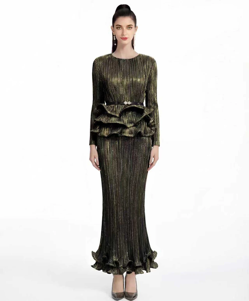 

Plus Size Pleated Two Piece Outfits For Chubby Women Miyake Chiffon Ruffle Top And Casual Skirt Fashion Set Office Lady Female