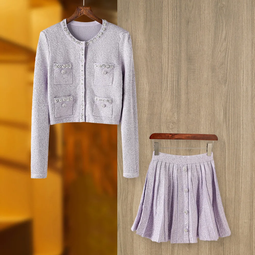 

Star with dopamine light purple bead knitted top + half skirt fashion skirt two-piece set