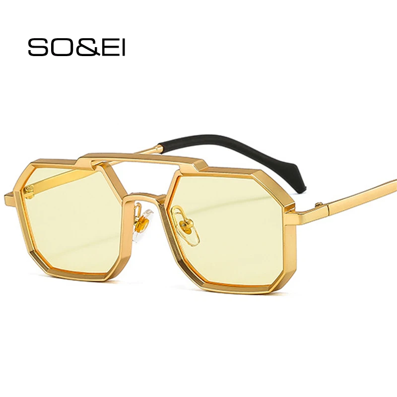 SO&EI Retro Metal Punk Polygon Square Sunglasses Women Fashion Clear Mirror Shades UV400 Men Red Yellow Sun Glasses