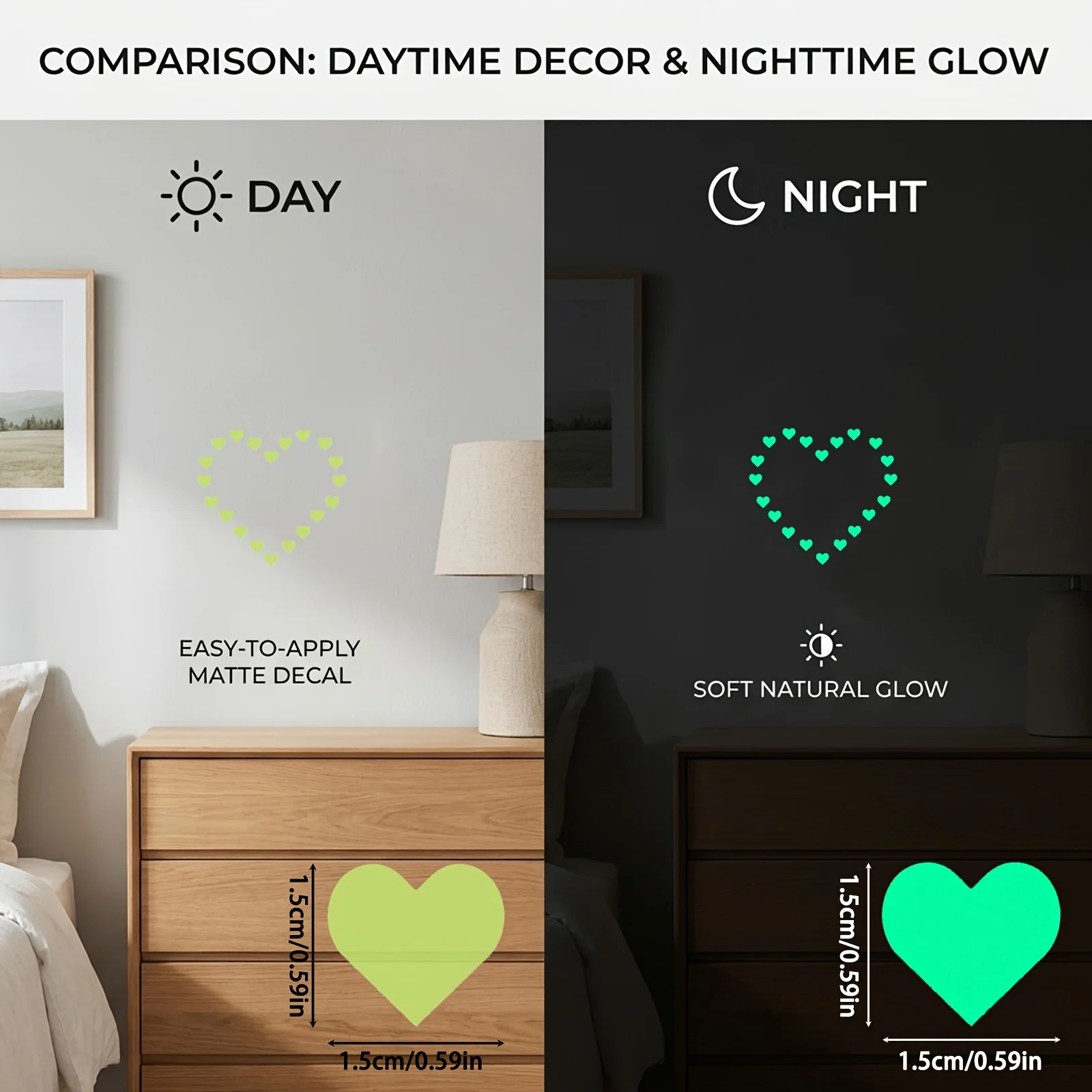 2cm Heart Luminous Stickers 20Pcs Per Sheet, Glow In Dark Self-Adhesive Markers for Switches & Remote Controls
