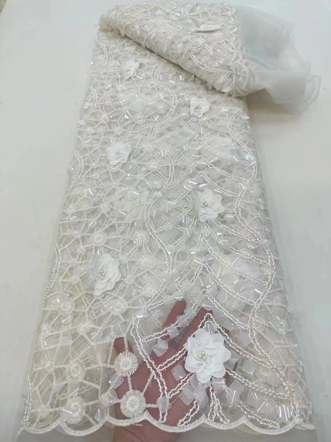 

New delicate 3D flower square large sequin embroidery, high-end luxury stage performance evening dress fabric/5yards