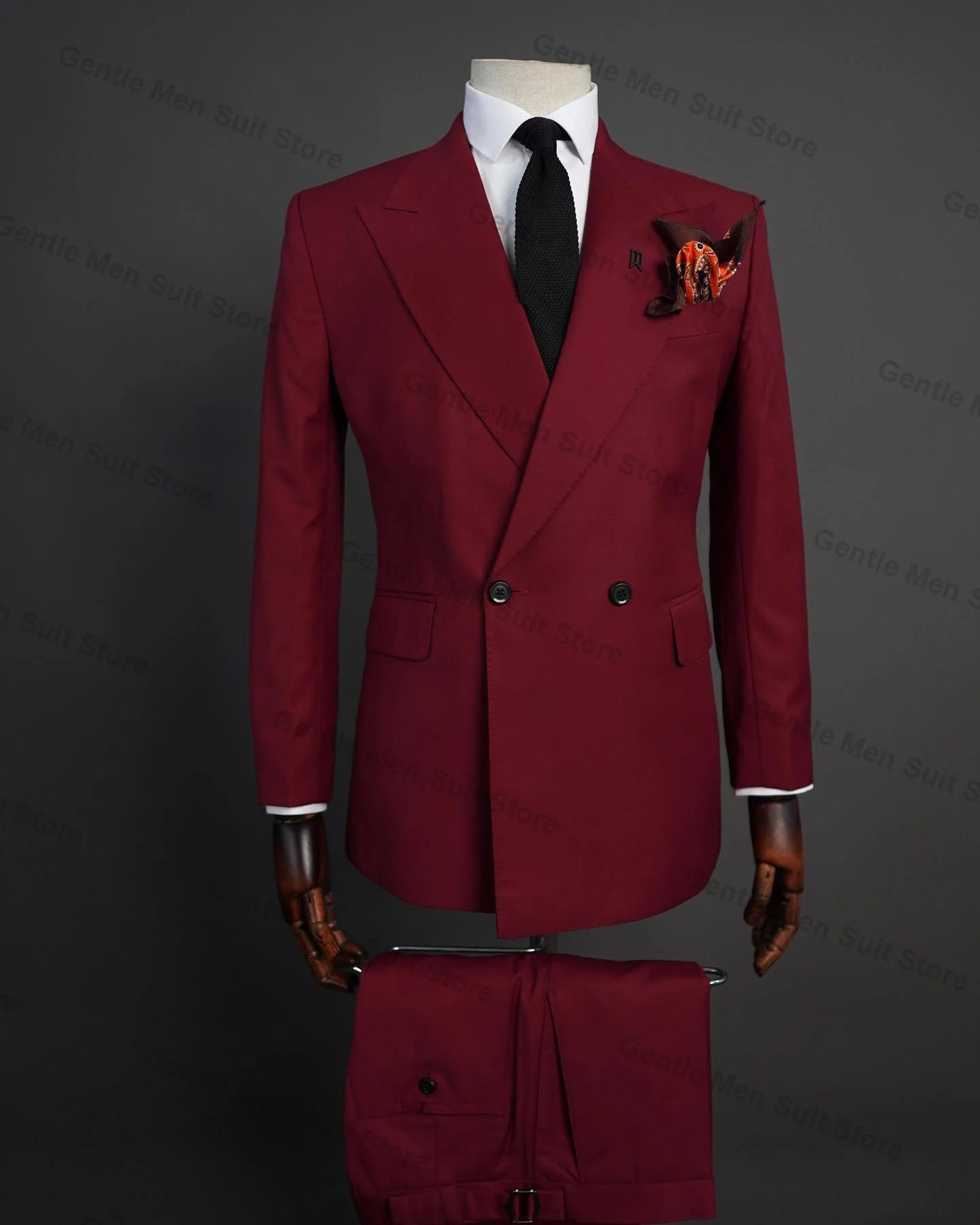 Red Men Suits Set 2 Piece Blazer+Pants Custom Made Jacket With Belt Cotton Bridge Prom Groom Wedding Tuxedo Double Breasted Coat