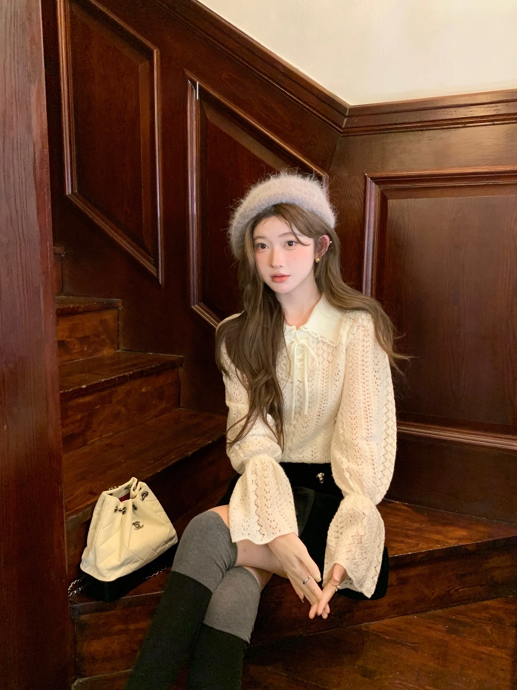 

Heavy Work Knitted Sweater Women's Sle Milk White Hollow out Collar Soft Hook Flower Knitwear Casual Comfortable Fit Long S...