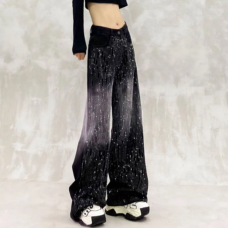 Women's 2026 High waisted Straight leg wide leg Pants For Spring Autumn New Casual Retro Blocking Shiny Rhinestone Design Jeans