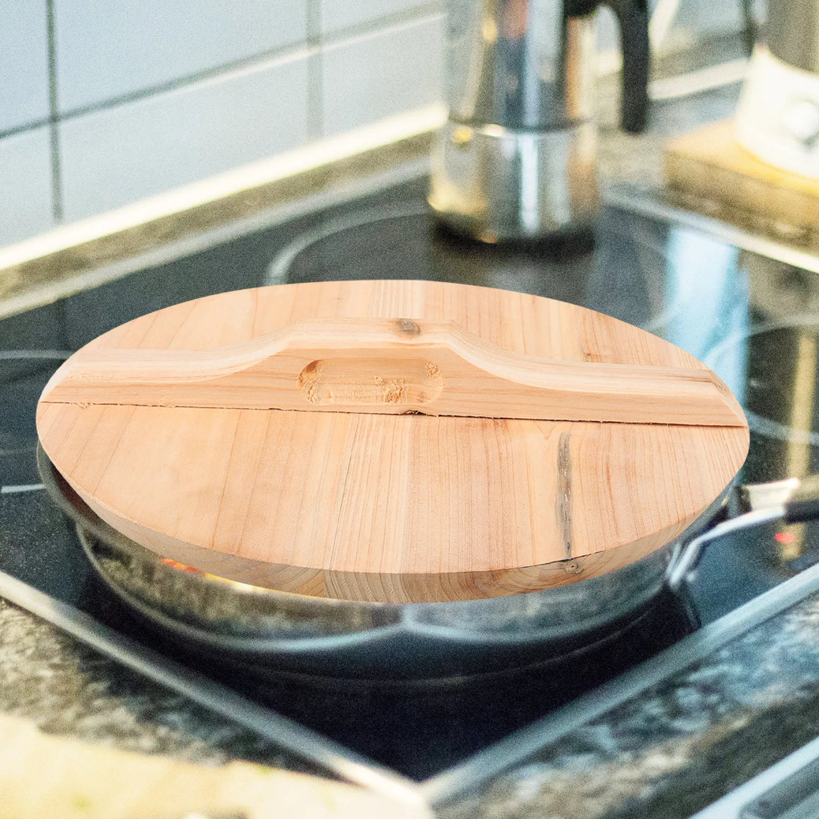 

Wooden Pot 25cm Diameter 16mm Thick Wok Cover Anti-Splash Kitchen Retro Wok Cover Utensil Protective For Home Restaurant