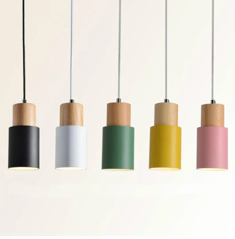 

Designer Nordic simple Wood Pendant Lights led hang lamp Colorful Aluminum fixture Kitchen Island bar hotel home decor E27