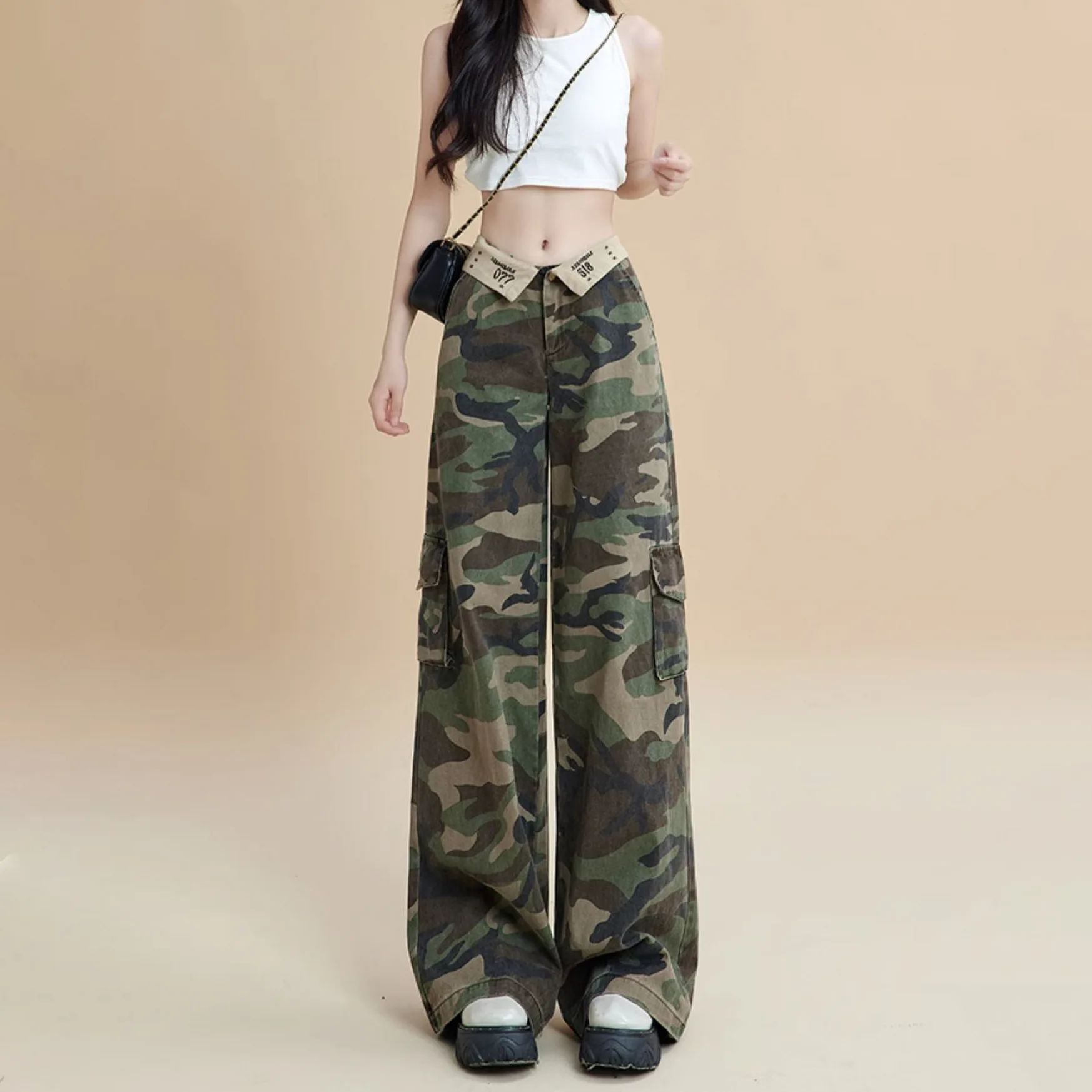 

American Style Camouflage Cargo Pants Women High Waist Flanging Straight Loose Long Pants Fashion Hotsweet Trousers