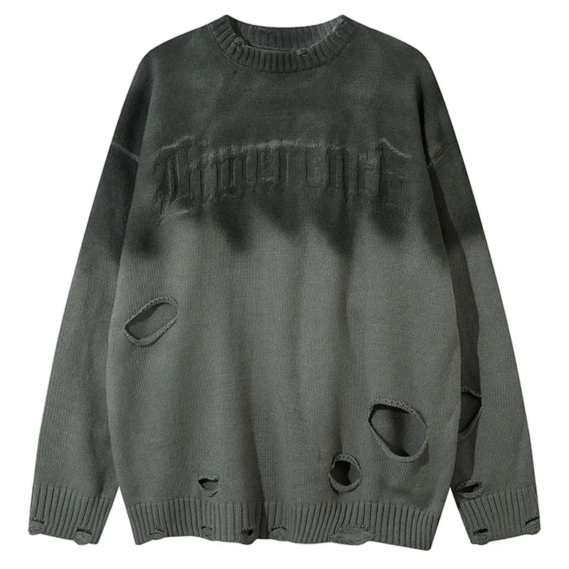 Mens Vintage Sweaters Grunge Ripped Hole Knitted Tie Dye Oversized Jumpers Hip Hop Punk Gothic Long Sleeve Pullover Streetwear