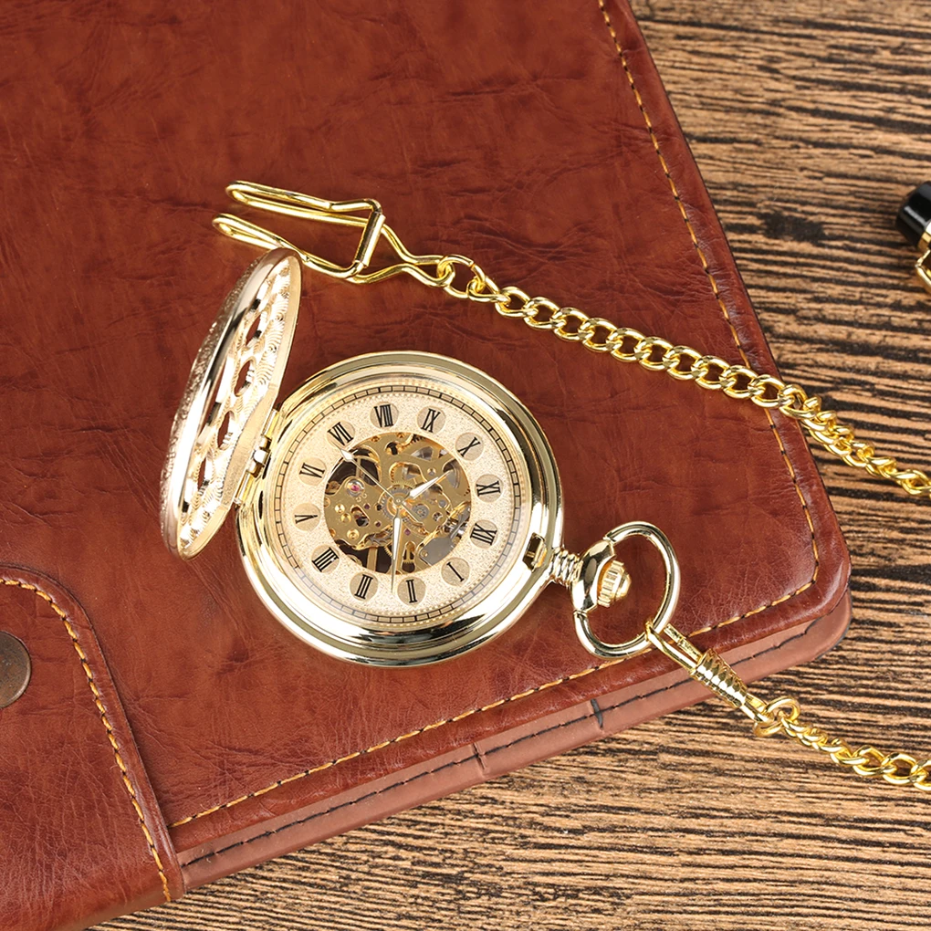 Transparent Hollow Roman Numerals Display Mechanical Pocket Watch Hand-Winding Luxury Vintage Pendant Chain Clock Gift Male