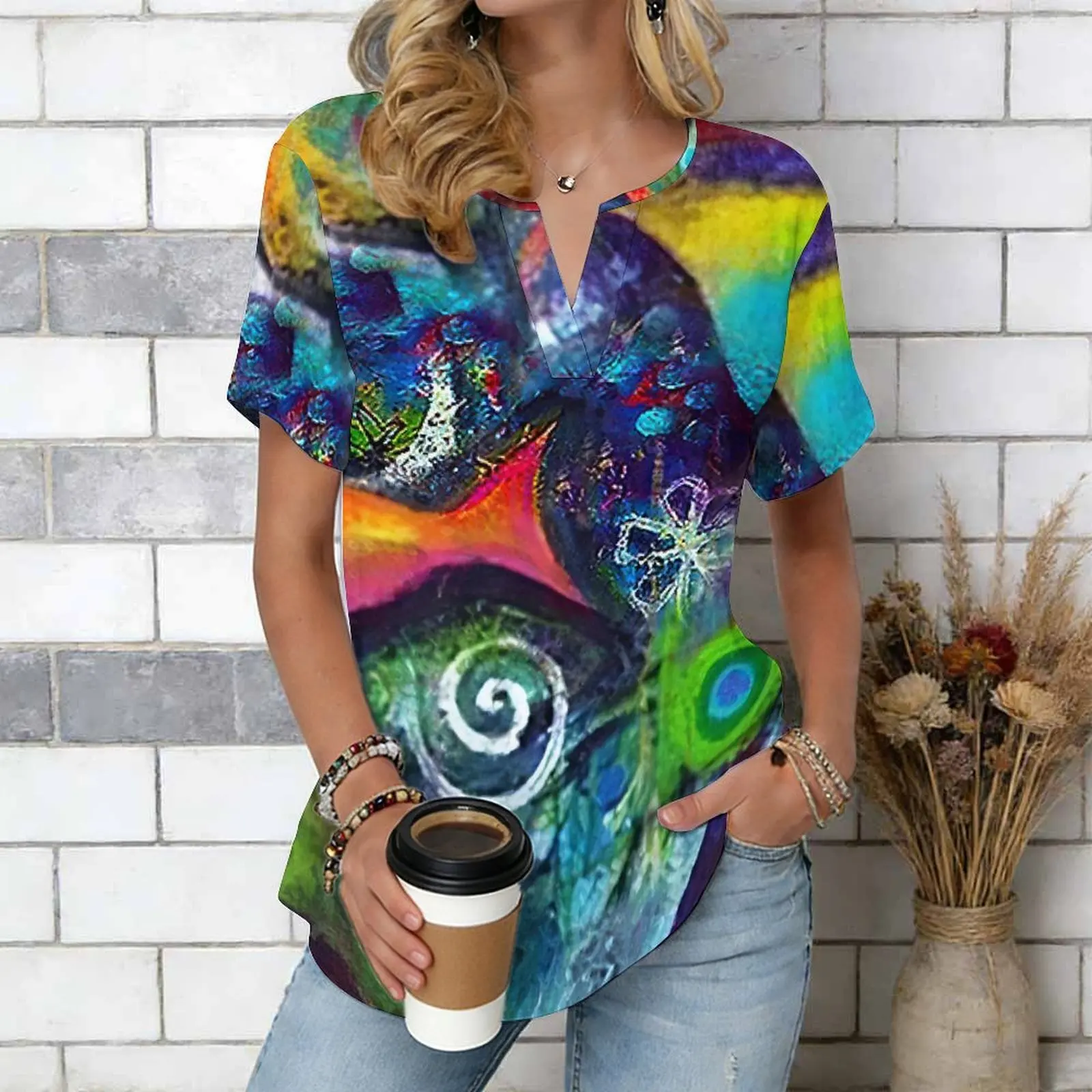 Women Print Notched V Neck Short Sleeve Casual Loose Tunic Tops