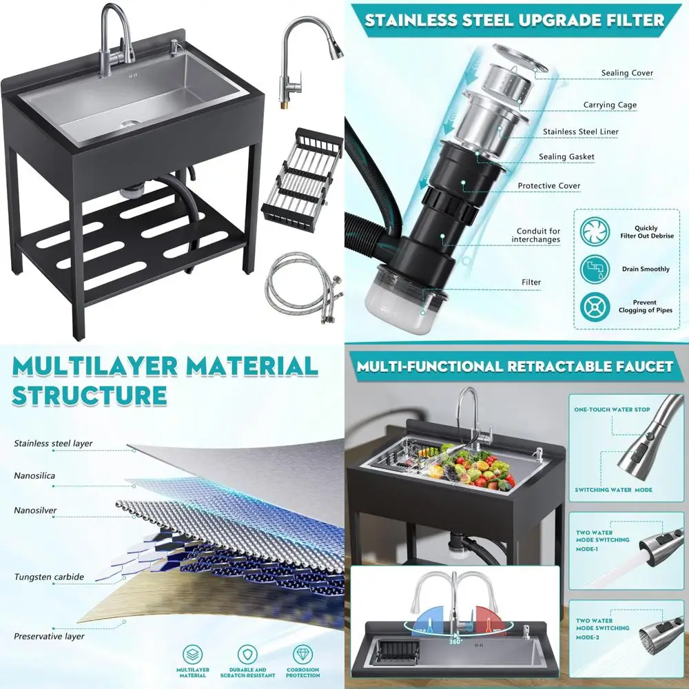 

Commercial Grade Stainless Steel 42IN Freestanding Utility Sink with Cold and Hot Water Faucets, Outdoor Kitchen Sink with Hoses