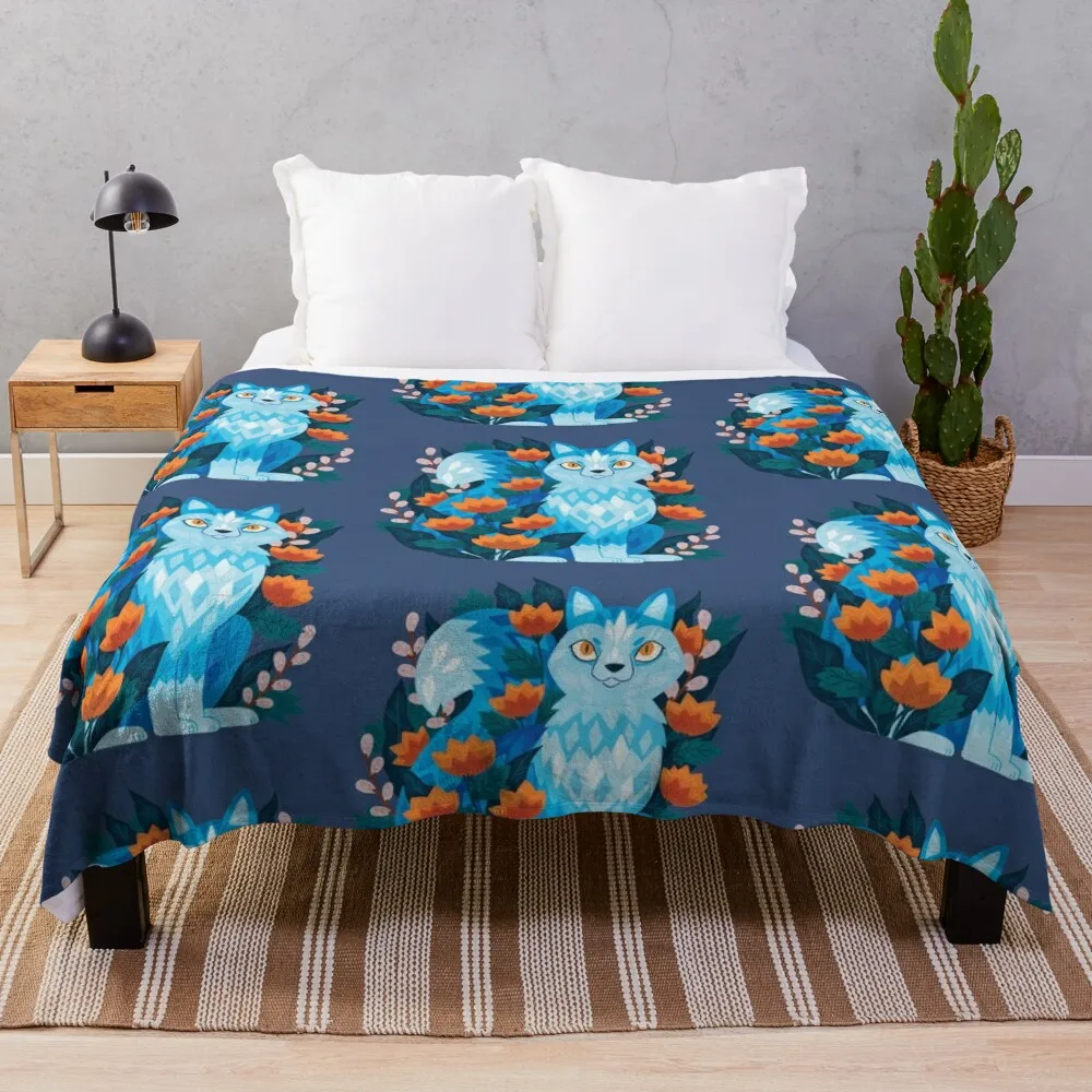 

Blue Wolf In The Flowers Throw Blanket funny gift christmas gifts Heavy Blankets