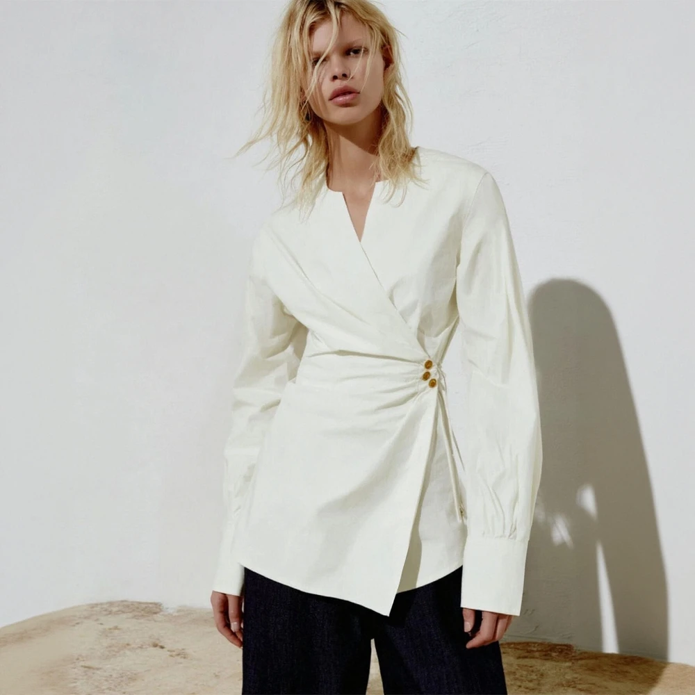 เสื้อเชิ้ตแขนยาวเรียบหรูสำหรับผู้หญิง คอผ่า ช่วงเอวเข้ารูป สไตล์สาวออฟฟิศ สำหรับฤดูใบไม้ร่วง