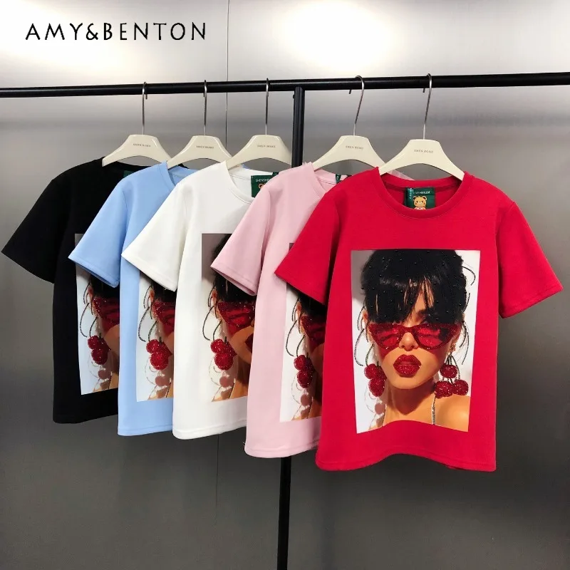 

New American Style Diamond Print Cotton Multi-color Loose Top Tees Fashion Round Neck Short Sleeved T-shirt Women's Y2k Clothes