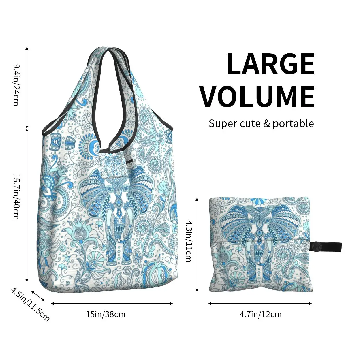 Recycling Indian Paradise Elephant Mandala Shopping Bag Women Tote Bag Portable Animal Grocery Shopper Bags