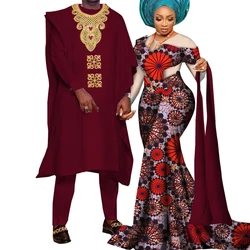 2024 African Couple Clothes Party Dresses for Women Riche Men Print Robe Shirt with Trousers Suits Sets Wedding Clothing Wyq922