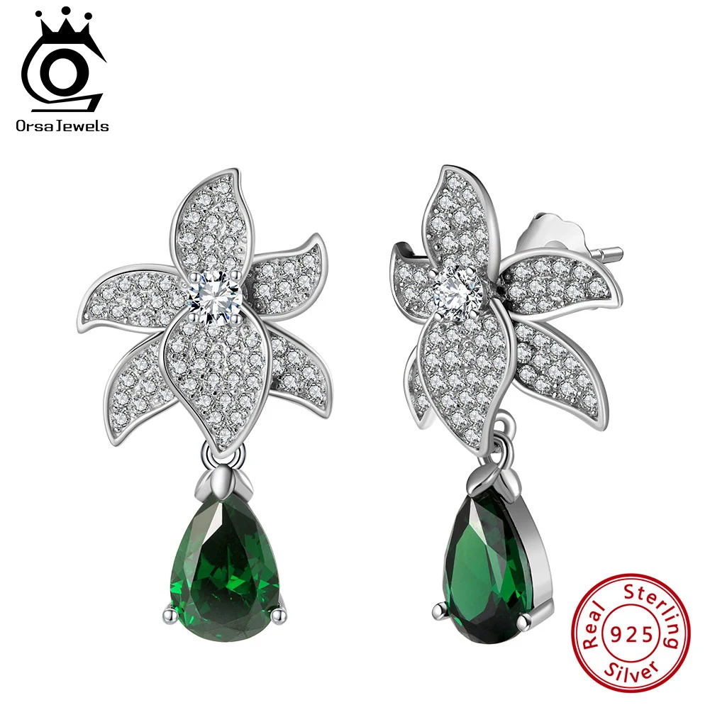 

ORSA JEWELS Created Green Emerald 925 Sterling Silver Earrings for Women Flower Water Drop Cubic Zirconia Earrings Jewelry LZE37