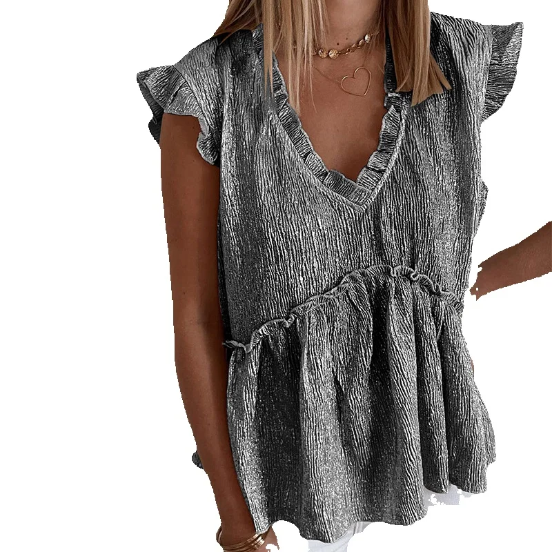 

New Summer Ruffle Edge T-Shirt For Women Thin Personalized Metal Pleated Pullover Short Sleeve Top