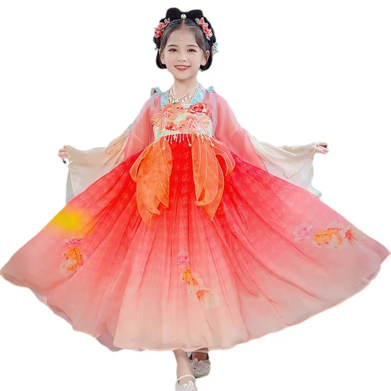 Gaun Hanfu anak-anak Cina, kostum Cosplay karnaval anak tradisional kuno Hanfu tari hadiah Natal