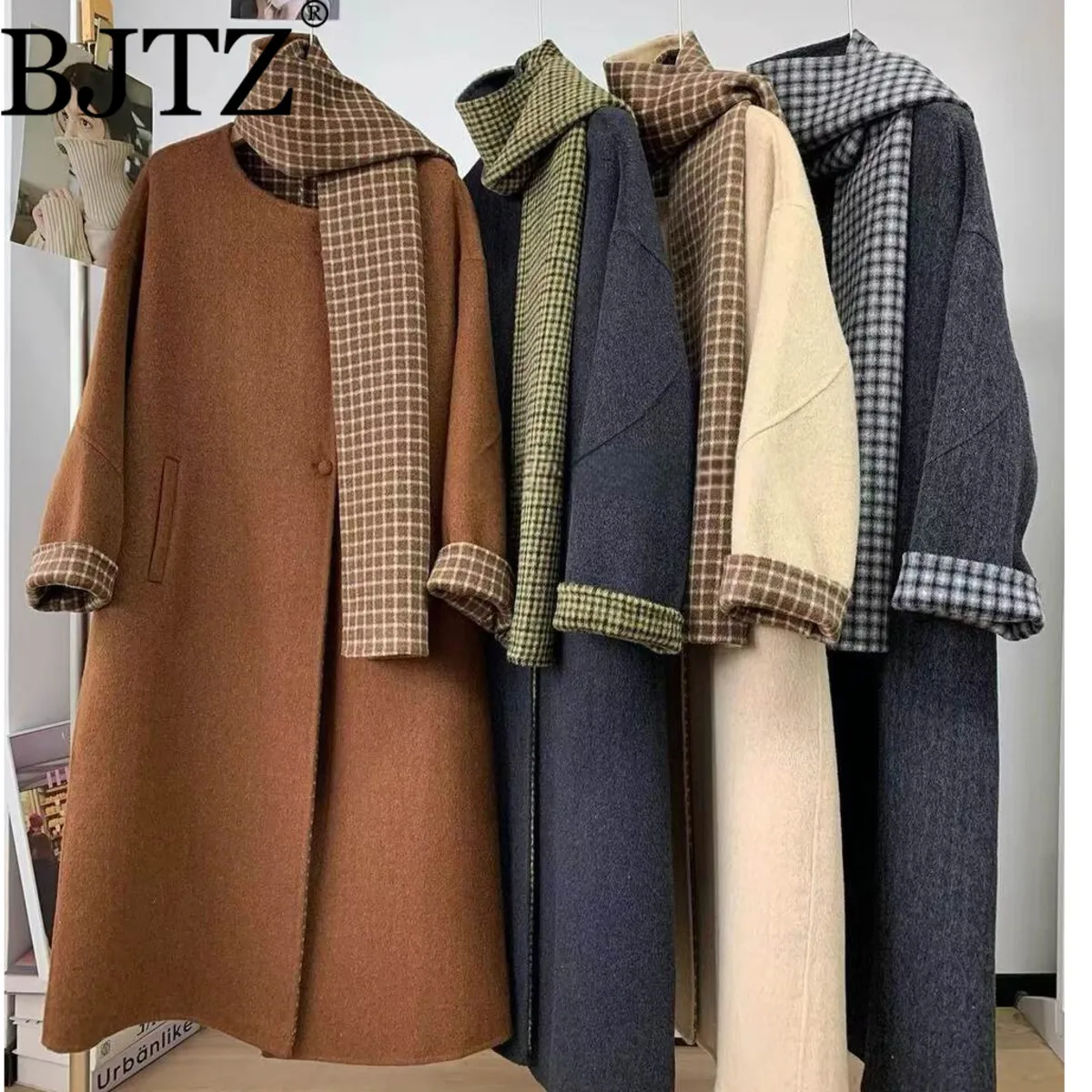 

BJTZ New Women's 2025 Winter 100% Australian Wool Coat with Plaid Scarf Elegant Simple Casual Premium Comfortable Cozy Office