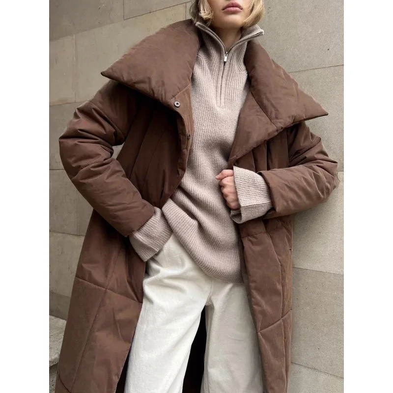 New Long Cotton-padded Jacket for Winter, Loose, Casual and Warm Long Stand-up Collar Cotton-padded Jacket Warm Solid Color Coat