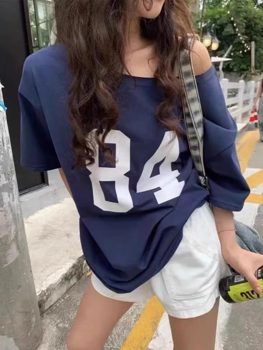 

84 Print Sexy Slash Neck T-shirt Women Summer Cotton Loose Short Sleeve Tees Female Casual Vintage Streetwear Navy Tshirts New