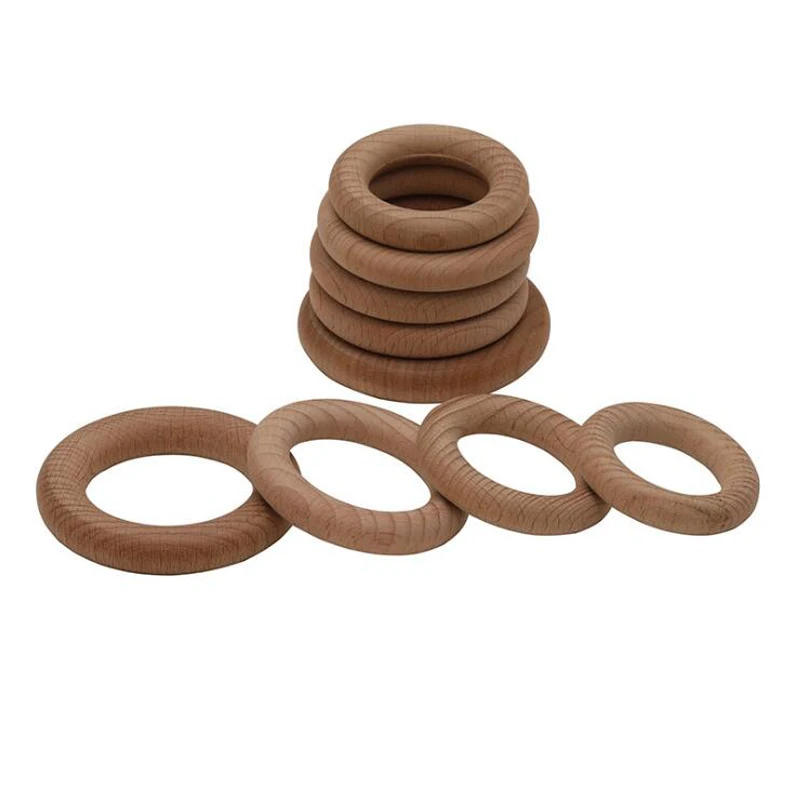 10Pc 50/55/60/70mm Beech Wooden Teether Ring Baby Teething Wooden Crafts Toys for Baby Rattles Wood Ring Crib Mobile Teether