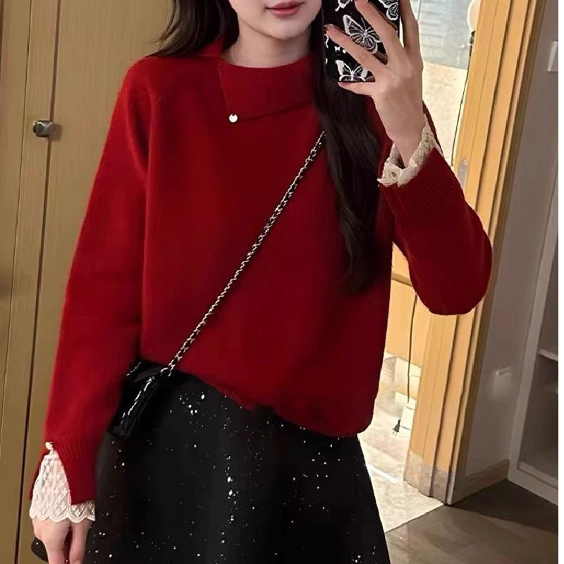 

Wolf Lamb Women's Knitted Sweater Base Layer No Pilling Outerwear Winter New Style Lace Detail Other Fabric Ladies Inner Wear