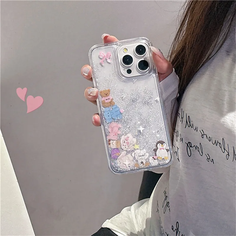 Jelly Cat Toy building blocks Liquid quicksand Phone Case for iPhone 15 14 13 12 11 Pro Max Plus penguin elephant Doll Cover