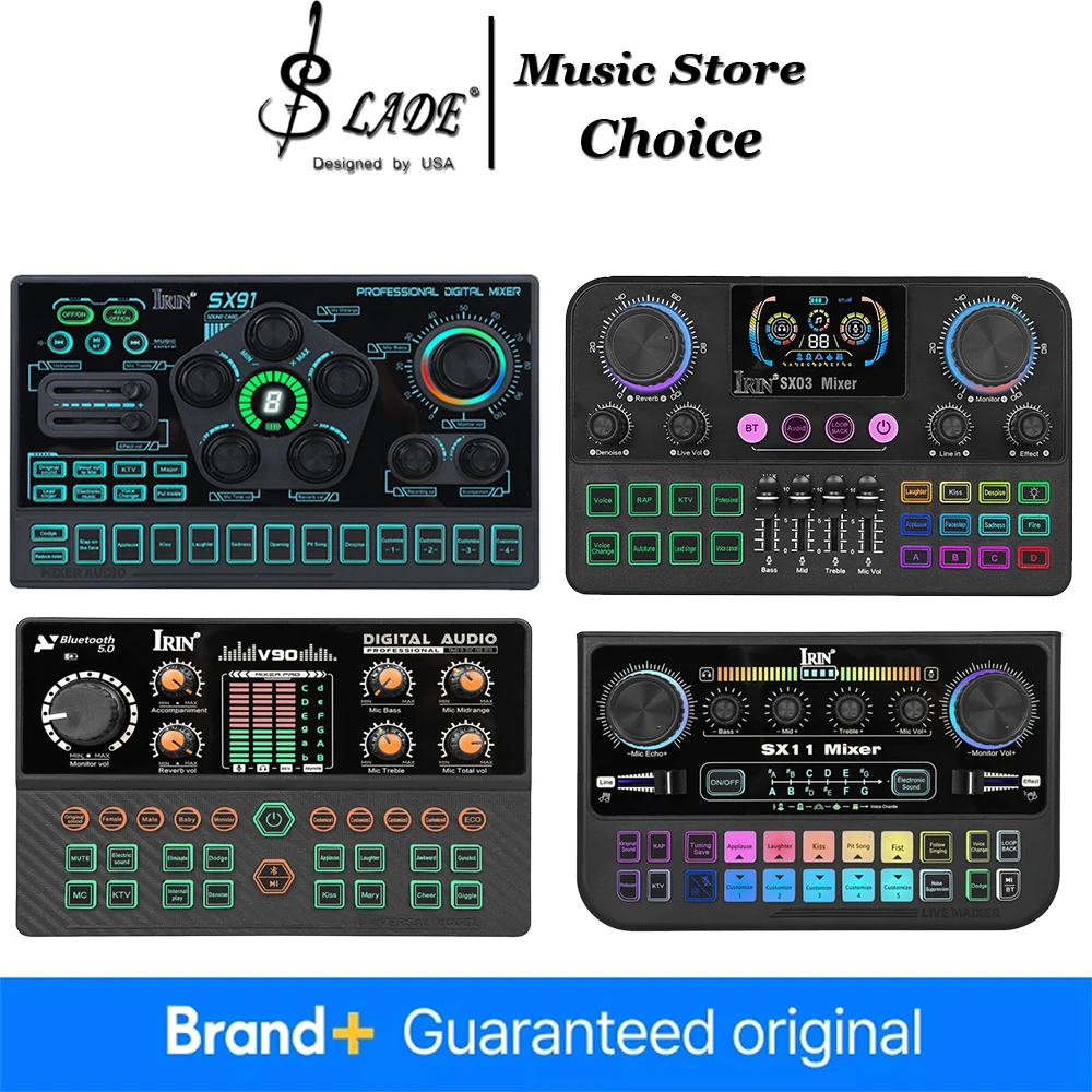 Sound Card Audio Interface Bluetooth Mixer Board with Sound Effect LED Lights for Phone PC Live Streaming Podcast Game Recording