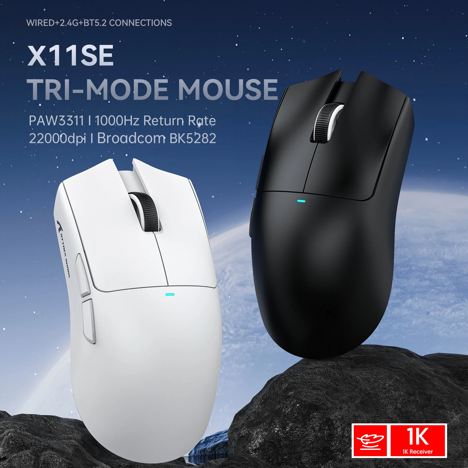 Attack Shark X11  X11SE Wireless Gaming Mouse 3-Mode , PAW3311, 22000DPI, 400IPS, PC Gaming Mouse, X11: 59±3g