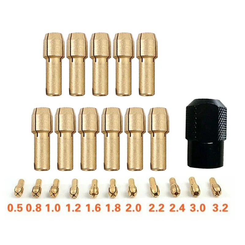 12pcs Brass Collet Chuck 0.5/ 0.8/1.0/1+ 2 / 1.6.2mm + M8 * 0.75 Rotary Tools Brass Collet Chuck Rotary Tools