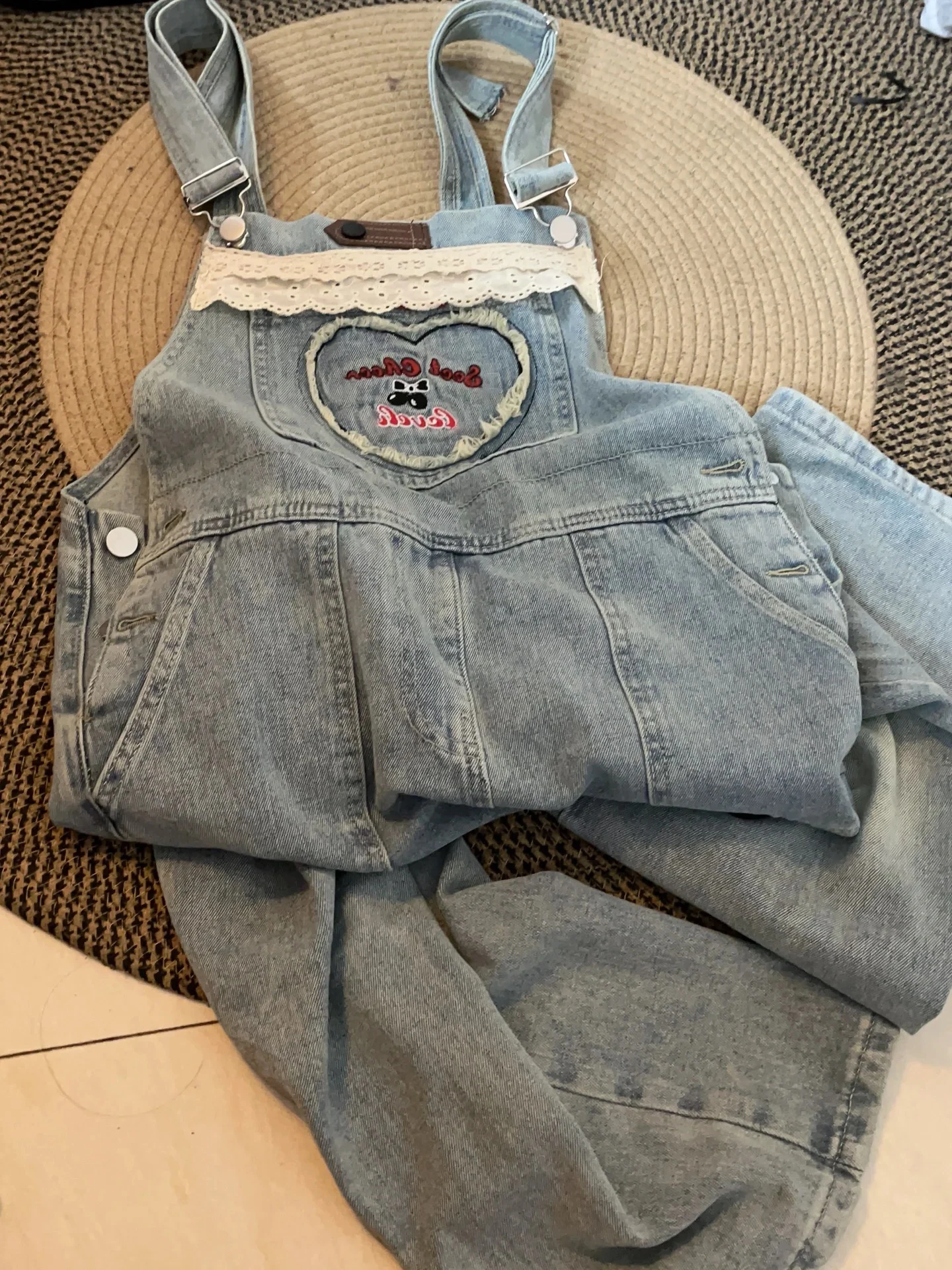 Sweet Cool Lace Trim Denim Overalls Women Summer Thin Design Loose Workwear Strap Pants Small Size High Waist Long Pants