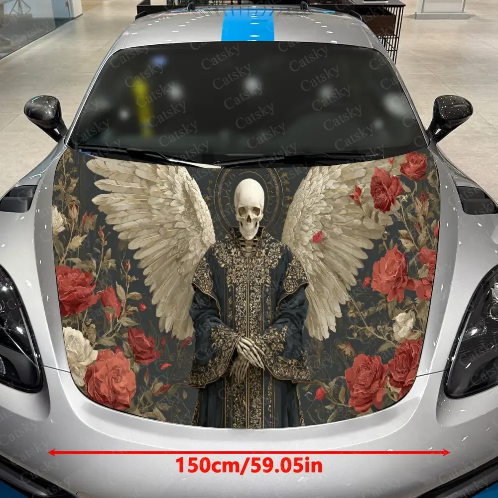 Gilded Winged Skeleton in Sacred Robes Car Vinyl Wrap, PVC Material Waterproof Car Hood Sticker, Self-Adhesive Scratch-Resistant