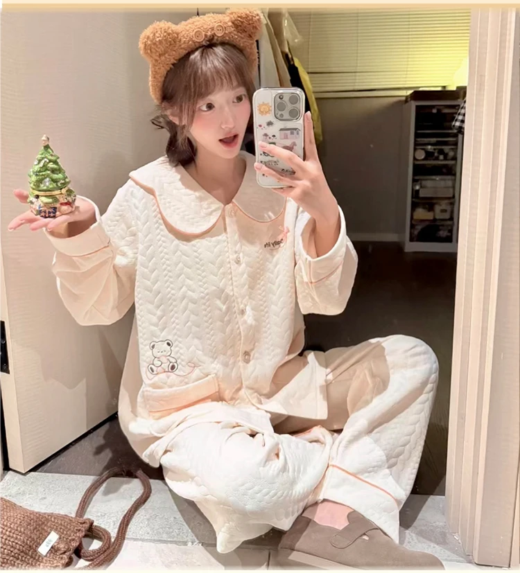 

Pajama Sets Ultrasoft Cotton Print Women Winter Hooded Ankle Length Thicker Natural Warm Cozy Simple Female Sleep Pants Jacquard