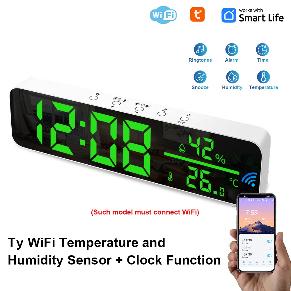 WiFi Digital Clock with Temperature and Humidity Sensor APP Smart Alarm Clock LED Time Display Real-time Monitoring TempHumidity