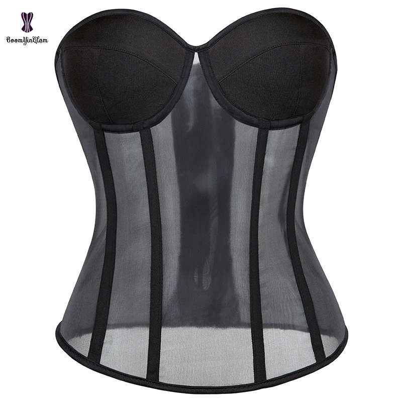 Black Translucent Bustier Curvy Waist Body Shapers Plus Size S-XXXL Slimming Corselet  Mesh Overbust Corset With Bra Padded