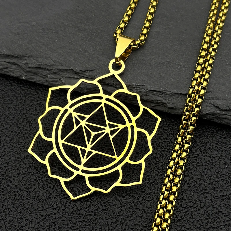 Yoga Hindu Buddhism Lotus Flower Pendant Necklace for Women Men Stainless Steel Metatron Symbol Geometric Chain Amulet Jewelry