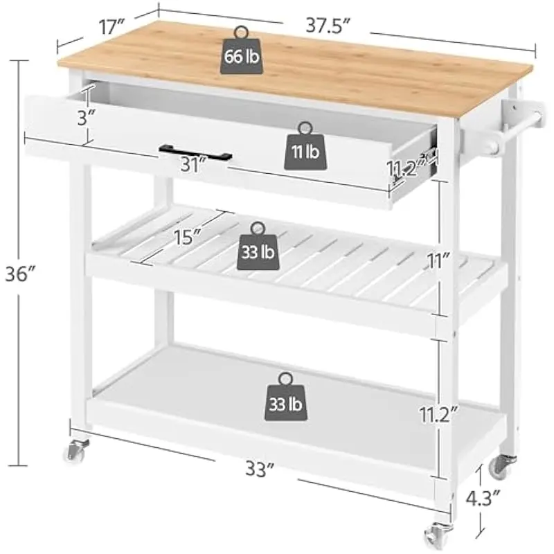 Mobile Kitchen Workstation with Tiered Storage Shelves Adjustable Towel Bar and Locking Casters Engineered Wood Construction Wat