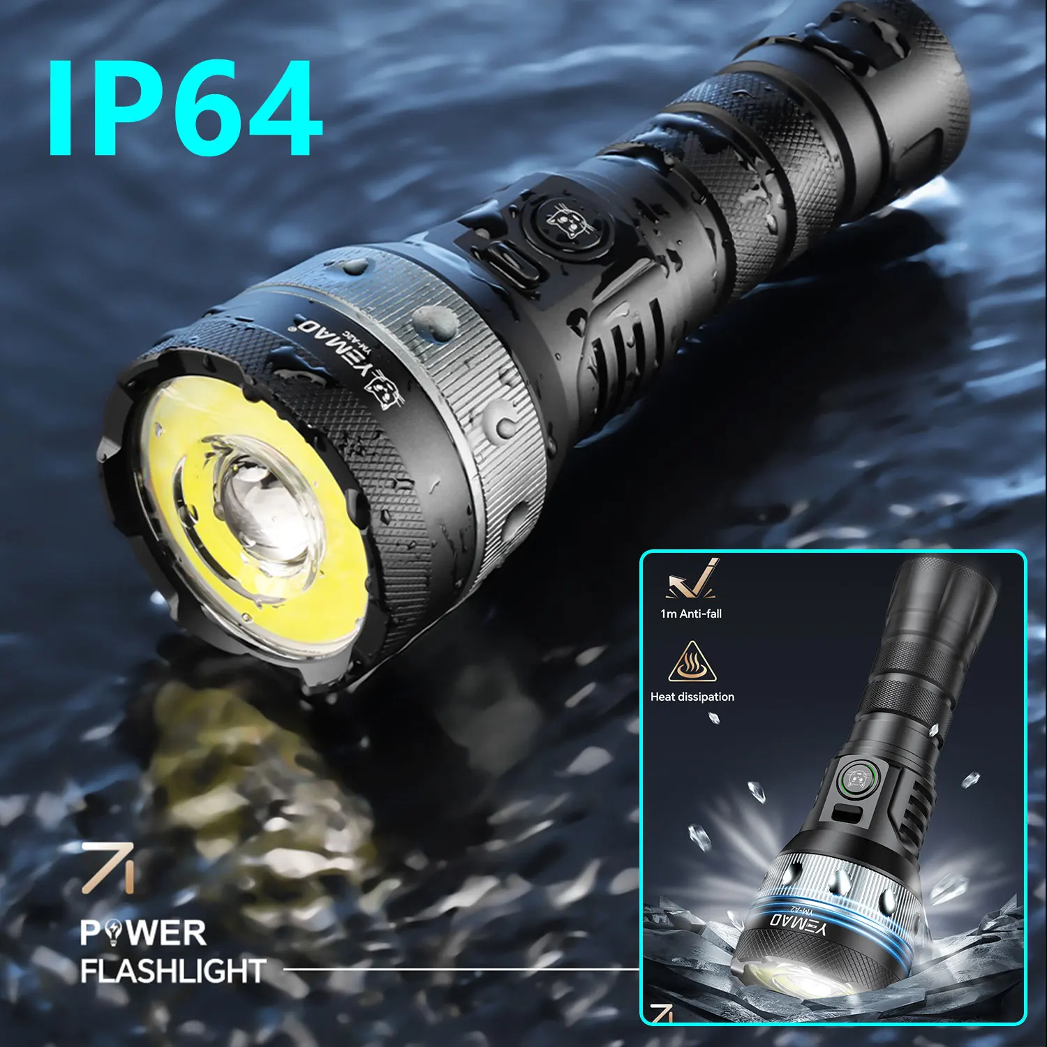 YEMAO A2C 21700 Torcia ricaricabile ad alta luminosità 6000 lumen Torce ad alta potenza COB Proiettore Zoom Torcia di emergenza esterna