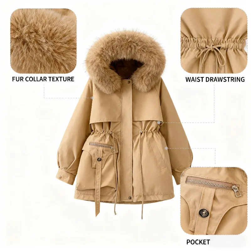 

Women's Parka Jacket with Fur Hood Drawstring Waist and Multiple Utility Pockets Warm and Stylish Winter Coat for Cold Days