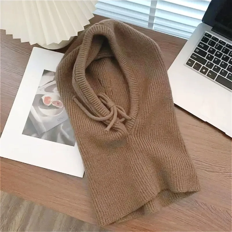 Unisex Knitted Head Hood Faux Cashmere Hooded Neck Collar Cap Head Drawstring Thick Beanie Men&Women Adjustable Elastic Hat