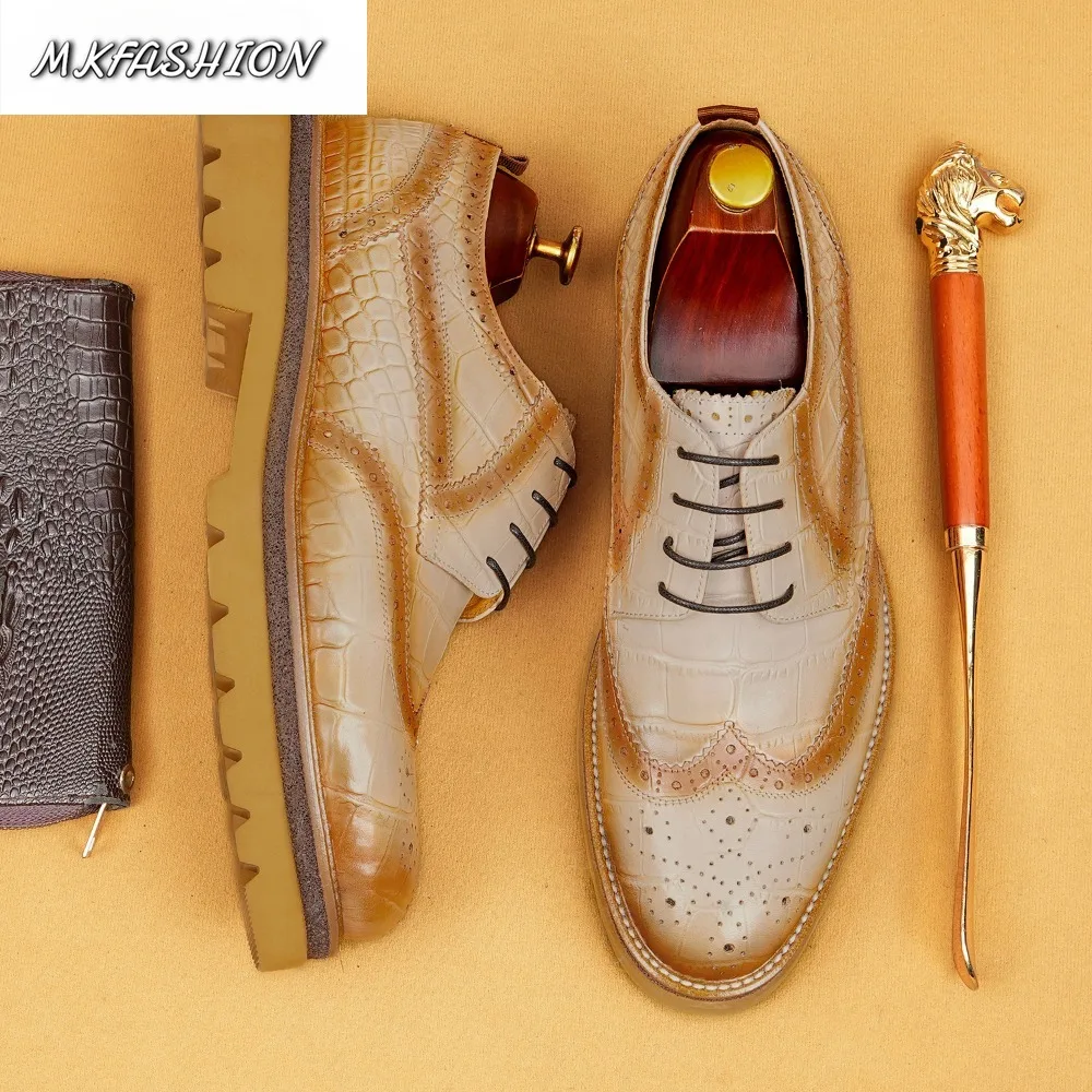 Men British Patchwork Crocodile Pattern Business Dress Leather Shoes Thick Soled Lace Up Footwear