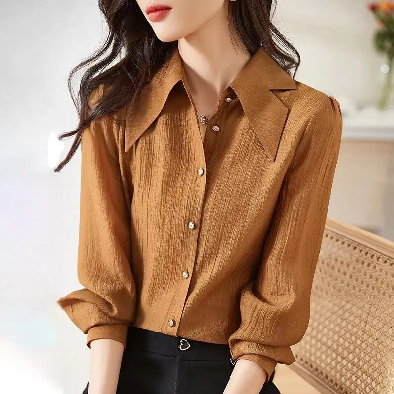 Women Korean Style Design Elegant Button Up Shirt Autumn Office Lady Business Casual Blouse Long Sleeve Loose Tops Solid Blusas