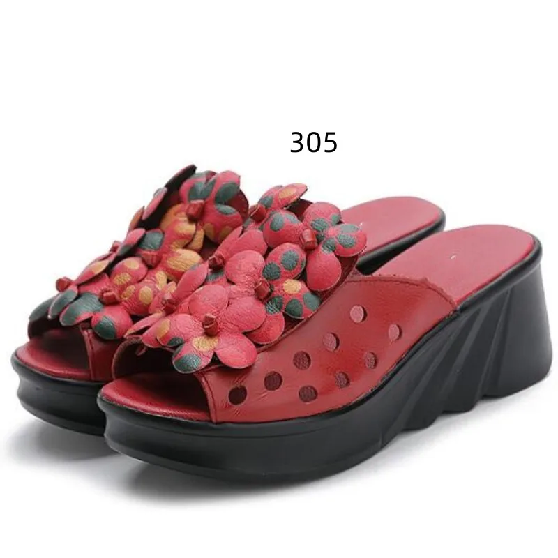 HOT Famous Flower Cowhide Women Slippers Sandals 2024 Newest Summer Fashion Sandals Platform Wedges Sandals Women Shoes Sandals