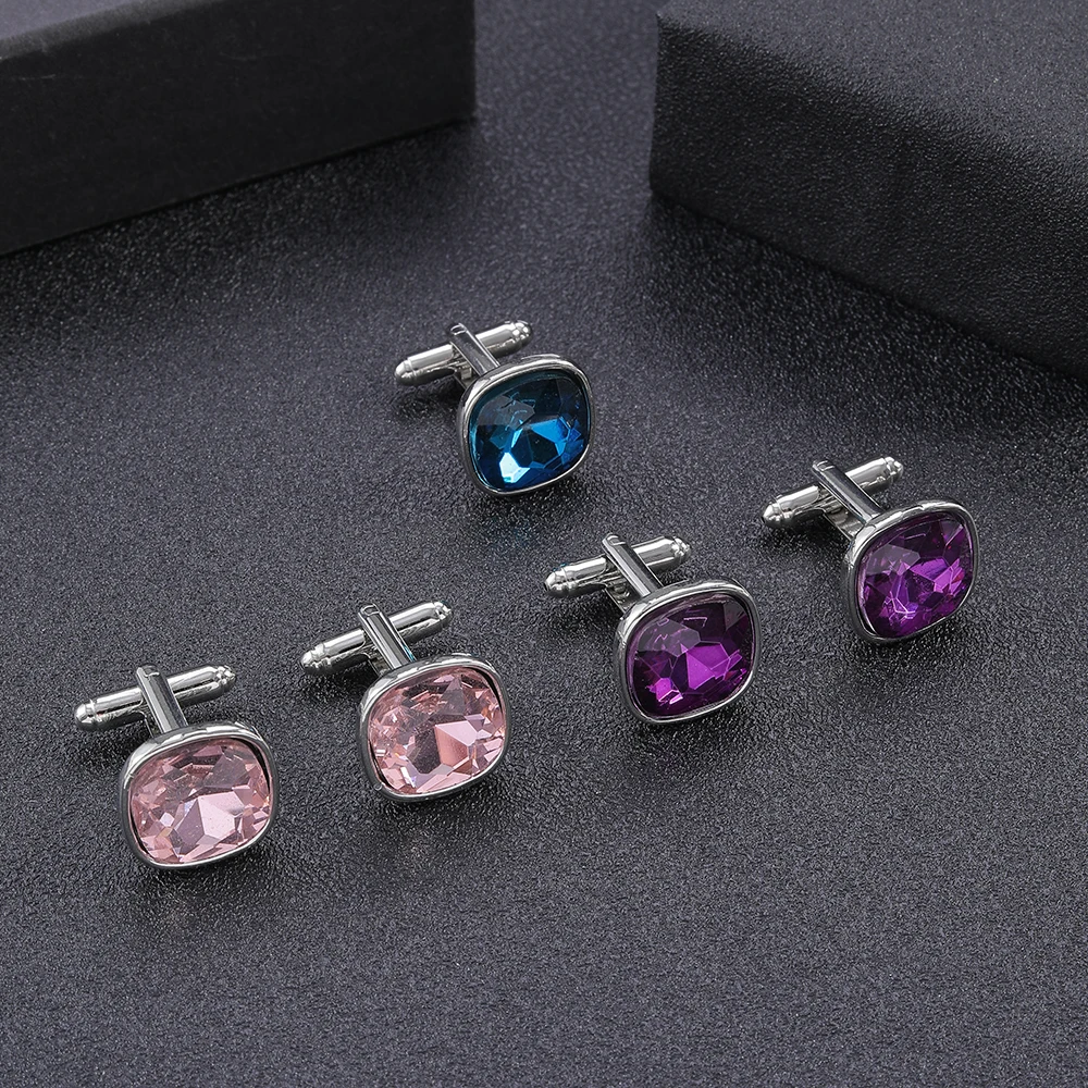 Pink Blue Purple Mens Crystal Business Cufflinks Classic Wedding Charm Jewelry Trendy French Shirts Button Casual Cuff Links