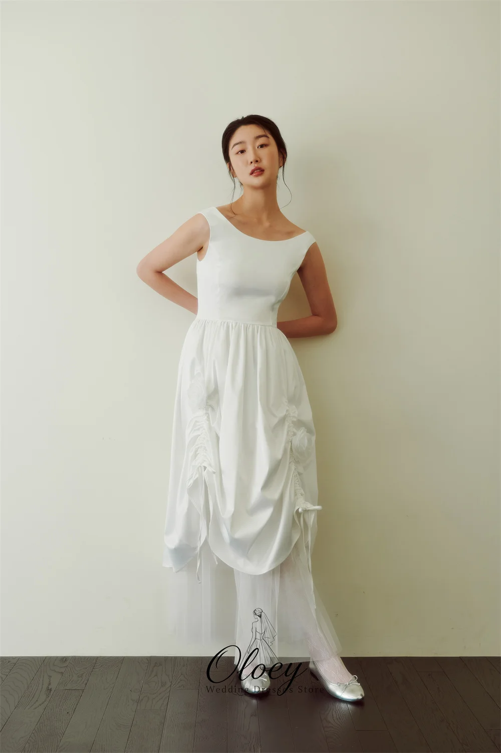 OLOEY Elegant 3D Flower Sleeveless Korea Wedding Dress Photo Shoot Drawstring A-Line Satin Japanese Bridal Gown Customized